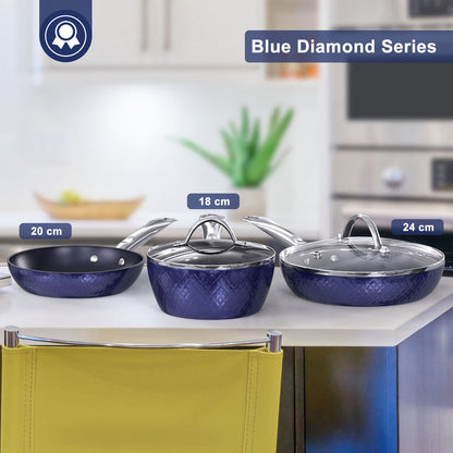 Frying Pan Sets Non Stick 3Pieces Blue 3D Diamond Cookware